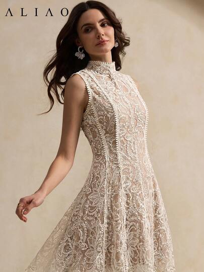Aliao Gorgeous Paisley Embroidery Mesh Splice Sheer Dress, Suitable For Wedding Season, Valentine's Day, Party Events, Retro Style, Palace Style, Eye-Catching Outfit, Elegant Daily Wear, Spring/Summer