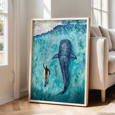 Tranh màu nước chủ đề đại dương, tranh vẽ cá voi, cá mập và người lướt sóng trên vải canvas | Trang trí biển nhiệt đới màu xanh ngọc cho phòng ngủ, phòng khách hoặc văn phòng, tranh phong cảnh biển, quà tặng cho phái nữ, không khung, có thể dùng khung gỗ hoặc khung có sẵn.