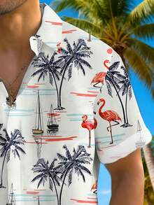 Áo sơ mi nam kiểu Hawaii, áo tay ngắn in hình hoa hồng hạc, cây cọ và thuyền buồm, thoáng khí, thích hợp cho kỳ nghỉ hè ở bãi biển. - Nhiều màu - Xem 3