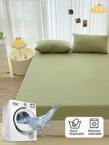 طقم ملاءة مطبقة + 2 كيس وسادة 3 قطع مجموعة أغطية سرير ناعمة مفرشة، مناسبة لغرفة النوم/غرفة الضيوف، لجميع المواسم، قابلة للغسل في الغسالة، اللون: أخضر مخملي/أزرق/بني داكن - الباستيل الأخضر - مشاهدة 2
