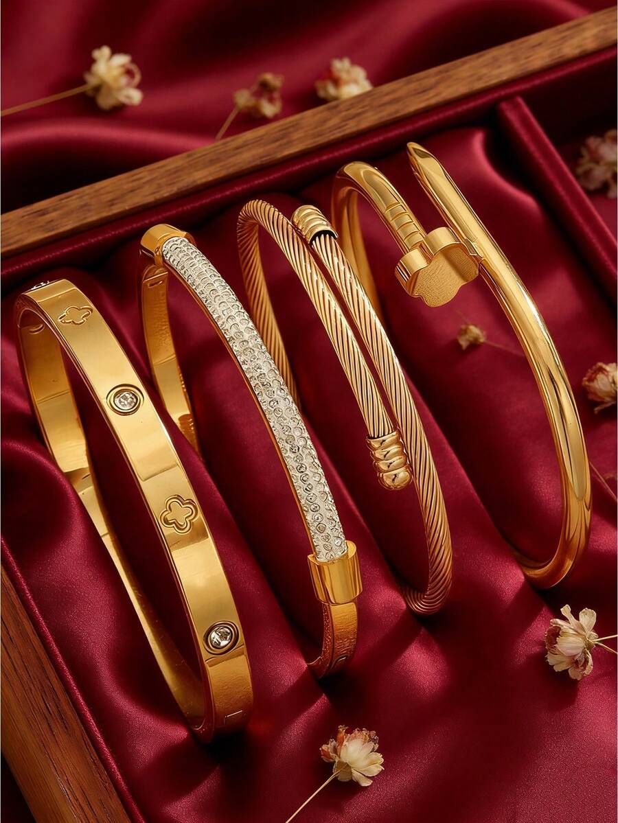 4/1 chiếc - Vòng tay thép không gỉ cao cấp, kiểu dáng sang trọng, đính đá Zirconia hình cỏ bốn lá, thiết kế hoa ba chiều, chất lượng cao, có thể đeo nhiều lớp, phù hợp cho đi làm, hẹn hò và làm quà tặng. - Vàng 2 - Xem 1