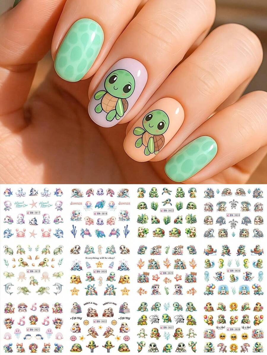 1张12款卡通可爱海龟夏季美甲贴纸，海洋动物海星水母珊瑚水转印美甲贴花水印美甲装饰美甲用品，适合女性及节日礼物 - 彩色 - 查看 1