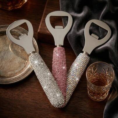 1 pièce Ouvre-bouteille portable en acier inoxydable avec cristaux scintillants, poignée en cristal de luxe argenté, décoratif et facile à ouvrir. Convient comme cadeau pour la Saint-Valentin, Noël, anniversaire, fête des pères, mariage, anniversaire pour les femmes. Décoration de fête à la maison.