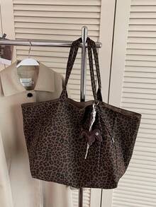 Stylish Leopard Print Tote Bag, Large Capacity Shoulder Bag, Perfect Underarm Bag For Commuting - Brown - View 4