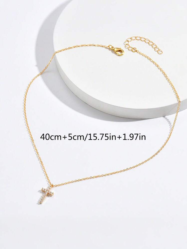 1 pieza Collar de cruz de acero inoxidable con circonita, adecuado para uso diario de mujeres - Multicolor - Añade 11