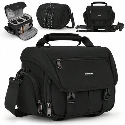 NEWHEY Kameraväska, DSLR/SLR/spegellös kamera, axelväska för fotografer, vattentät liten kameraväska med stativhållare och regnskydd, axelväska för kamera, svart
