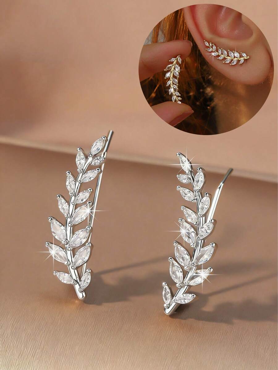 一对高端时尚超闪亮锆石镶嵌叶子设计耳环，创意珠宝耳环，适合女性佩戴 - 樹枝耳排 - 查看 1
