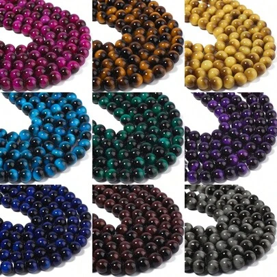 Hạt đá mắt hổ màu sắc rực rỡ 10mm, hạt rời có lỗ thẳng, thích hợp làm đồ trang sức DIY - Vòng tay, vòng cổ và bông tai, hạt làm trang sức.