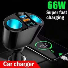 1pc Black ABS Multi-Function Digital Display Car Charger, Rapid Charging Dual USB + Type-C, Suitable For 12V/24V Vehicles - A - View 2