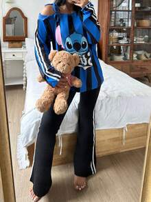 Disney Bộ 2 món áo thun dài cổ yếm và quần dài màu đen Stitch dành cho nữ, chất liệu co giãn, thân thiện với da, thoải mái, thanh lịch, lãng mạn, quyến rũ, dễ thương, thích hợp cho kỳ nghỉ hè/thu. - màu đen - Xem 6