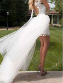 1件新娘可拆卸拖尾多层薄纱开衩黑色弹力腰及地派对长款薄纱裙，115厘米 - 彩色 - 查看 2