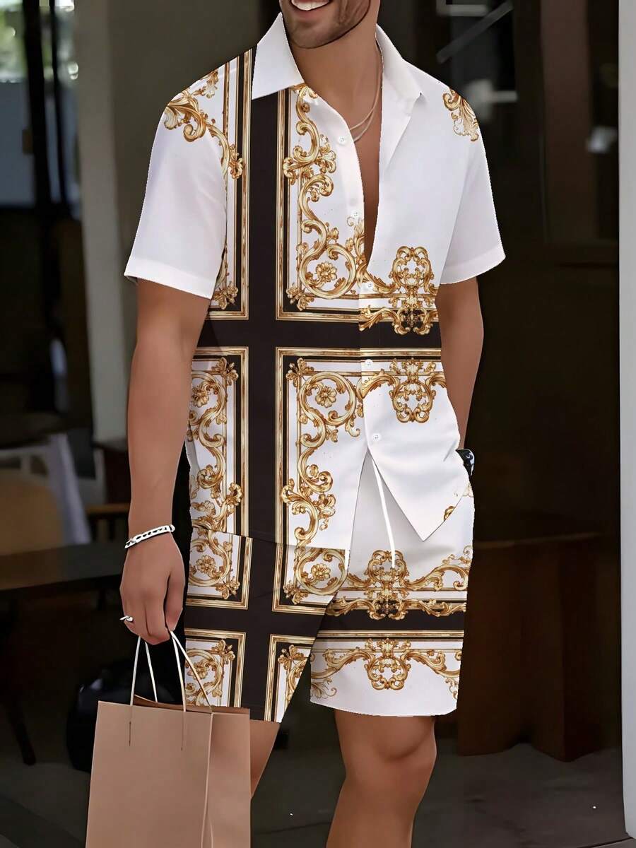 A Set Of Men's Short-Sleeve Cuban-Collar Shirt And Beach Pants, Refined And Luxurious, Woven Fabric, Breathable And Comfortable, For Brother, Suitable For Light Business Trips In Summer, White, Brown And Gold Baroque Frame Print - Nhiều màu - Xem 1