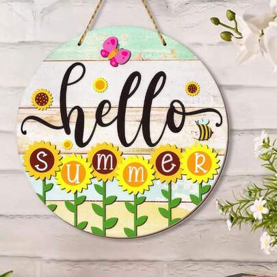 1-Piece "Hello Summer" Wooden Decorative Wall Hanging Features Colorful Flowers, Lively Butterflies, And Bees, Suitable For Living Rooms, Bedrooms, Bathrooms, Offices, And Classrooms