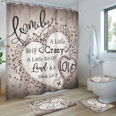 [Bộ 4 món rèm tắm in chữ truyền cảm hứng] Bộ 1/4 món rèm tắm in chữ truyền cảm hứng bao gồm rèm tắm kèm 12 móc nhựa, thảm chống trượt cho phòng tắm, thảm chữ U cho bồn cầu, thảm phủ, phụ kiện trang trí nhà cửa và phòng tắm với các câu nói truyền cảm hứng cổ điển và các hạt trang trí hình nút tình yêu.