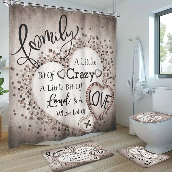 [4pcs Inspirational Shower Curtain] 1pc/4pcs Inspirational Words Shower Curtain Set Including Shower Curtain With 12 Plastic Hooks, Bathroom Non-Slip Floor Mat, Toilet U-Shaped Mat, Cover Mat, Retro Quotes Love Button Particles Home Decoration Bathroom Accessories