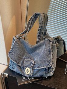 New Stylish And Soft Washed-Jeans-Inspired Shoulder Bag With A Flap Design; A Versatile, Roomy Crossbody Bag For Women With A Twist-Lock Closure, Perfect For Shopping And Commuting - 藍色 - 查看 5