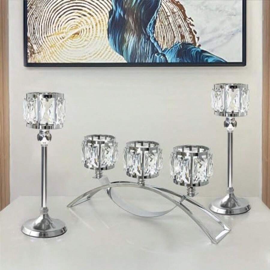 3 Arms Crystal Bowl Tealight Candelabra Votive Candle Stand Wedding Centerpieces For Tables Crystal Candlestick Centerpiece Table Decorations Set Of Sier - Set Of Silver - View 1