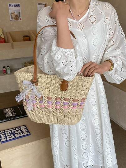 2026新款时尚女士编织篮手提包，多功能沙滩度假单肩包（不含围巾）