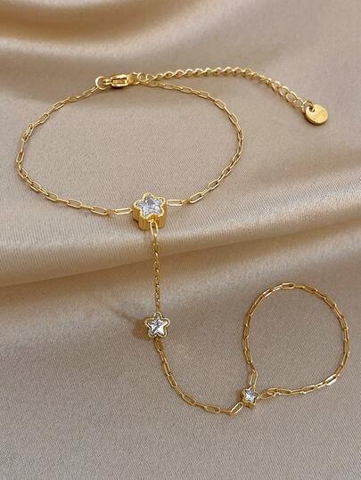 1 pieza Pulsera de cadena de dedo con estrella de cinco puntas chapada en oro de 18K, joyería de acero inoxidable brillante con circonita multicolor para mujer, para San Valentín, fiesta, gala, diario, citas, Mardi Gras, Año Nuevo, boda, playa, aniversario, regalo elegante para mamá, joyería bohemia, regalo de cumpleaños para dama de honor