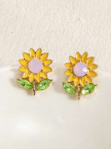 1 Pair Fashionable High-End Elegant Sweet Fresh Floral & Sunflower Stud Earrings, Suitable For Daily Wear And Vacation - Yellow - View 2