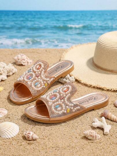 Dép xăng đan đế bằng đính ngọc trai vàng lấp lánh mùa hè mới, dép đi biển lấp lánh cho bé gái, dép đi biển thời trang Hàn Quốc, thích hợp cho bãi biển, kỳ nghỉ, tiệc tùng và những dịp trang trọng.