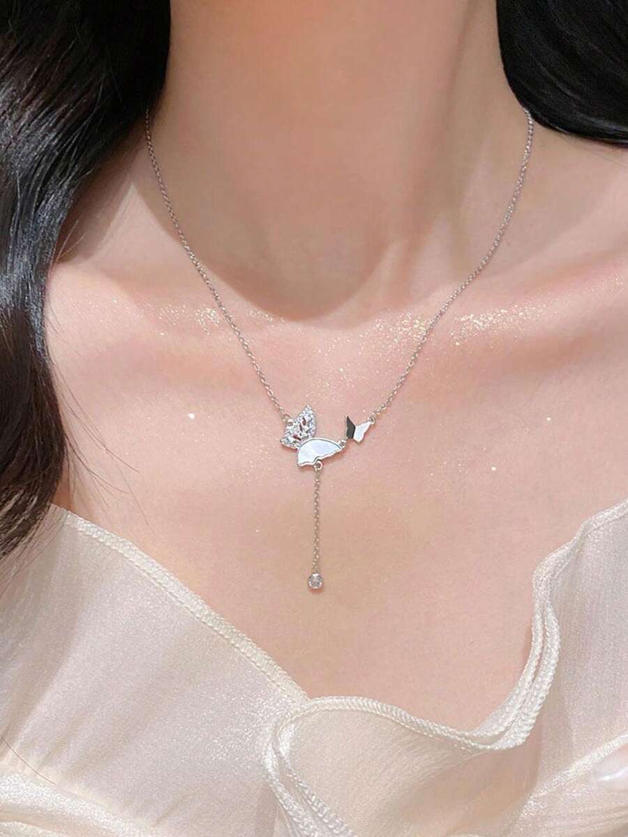 1件S925纯银独特奢华优雅创意锆石贝壳蝴蝶流苏珍珠项链，适合女士宴会、派对和日常佩戴 - 銀色 - 查看 1