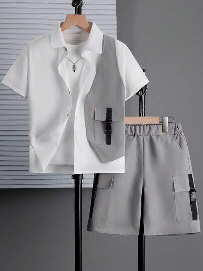 男童休闲时尚街头风衬衫（带领拉链）+短裤（带带扣），2件套，春夏款