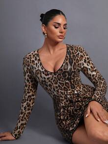 Đầm dạ hội nữ họa tiết da báo 3D hoa văn, cổ chữ V sâu - Đầm ngắn tay dài thời trang với họa tiết hoa, thiết kế cổ chữ V sâu thanh lịch, phù hợp cho các bữa tiệc, tiệc chiêu đãi, đám cưới, vũ hội và các dịp trang trọng khác. - màu nâu - Xem 2