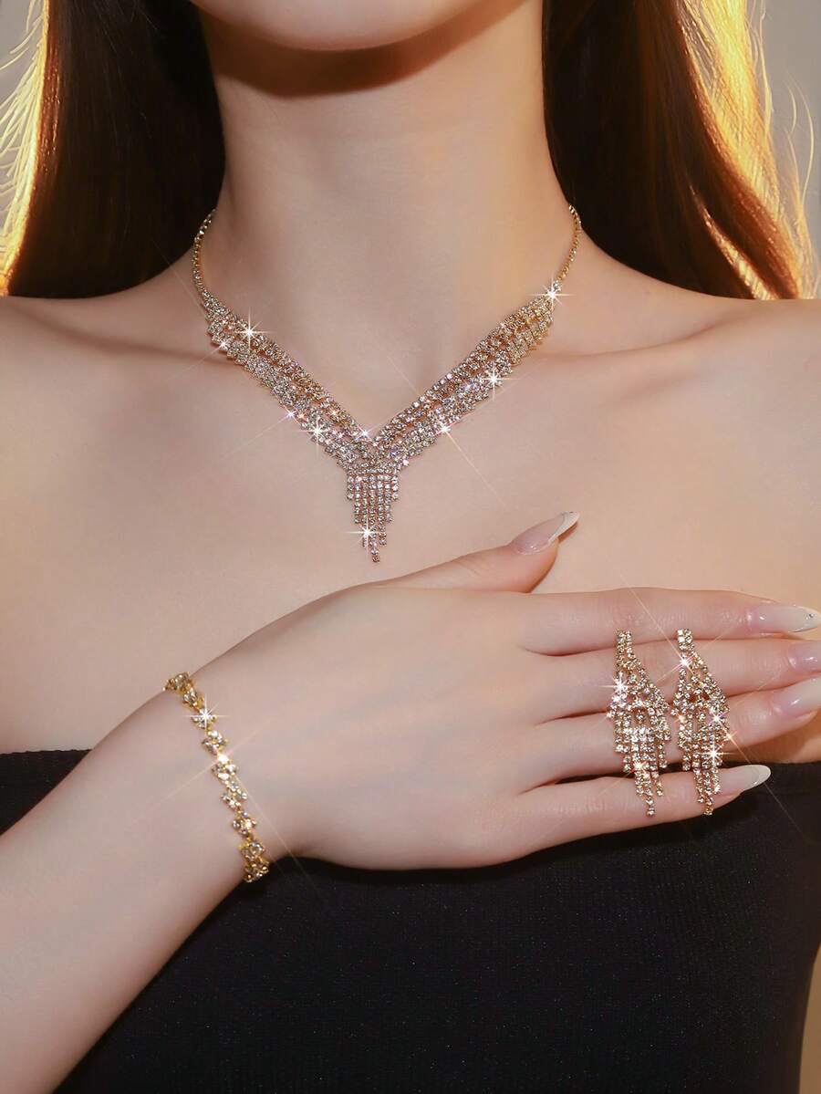 Bộ trang sức tối giản thời trang 3 món, gồm vòng cổ tua rua, bông tai và vòng tay, thích hợp cho váy dạ hội, đám cưới và các bữa tiệc của phụ nữ. - Vàng - Xem 1