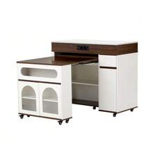 Kitchen Island With Wheels, Extendable Dining Table With Power Strips And Ribbed Glass, Sideboard With One Drawer, Serves As A Kitchen Island, Sideboard For Kitchen And Dining Room (White + Walnut) - White - View 7