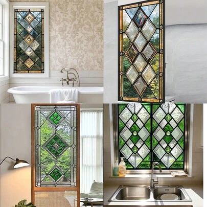 1/6 piezas Adhesivo para ventana de estilo minimalista con adsorción electrostática y diseño de patrón geométrico de diamante simétrico. Removible, impermeable de PVC. Para sala de estar, baño y dormitorio.