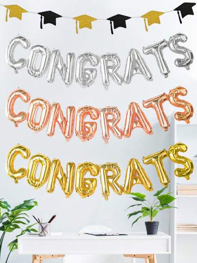 8件套 恭喜毕业！16英寸金色字母气球套装 - 非常适合毕业主题派对、毕业典礼、盛大开幕式和派对装饰