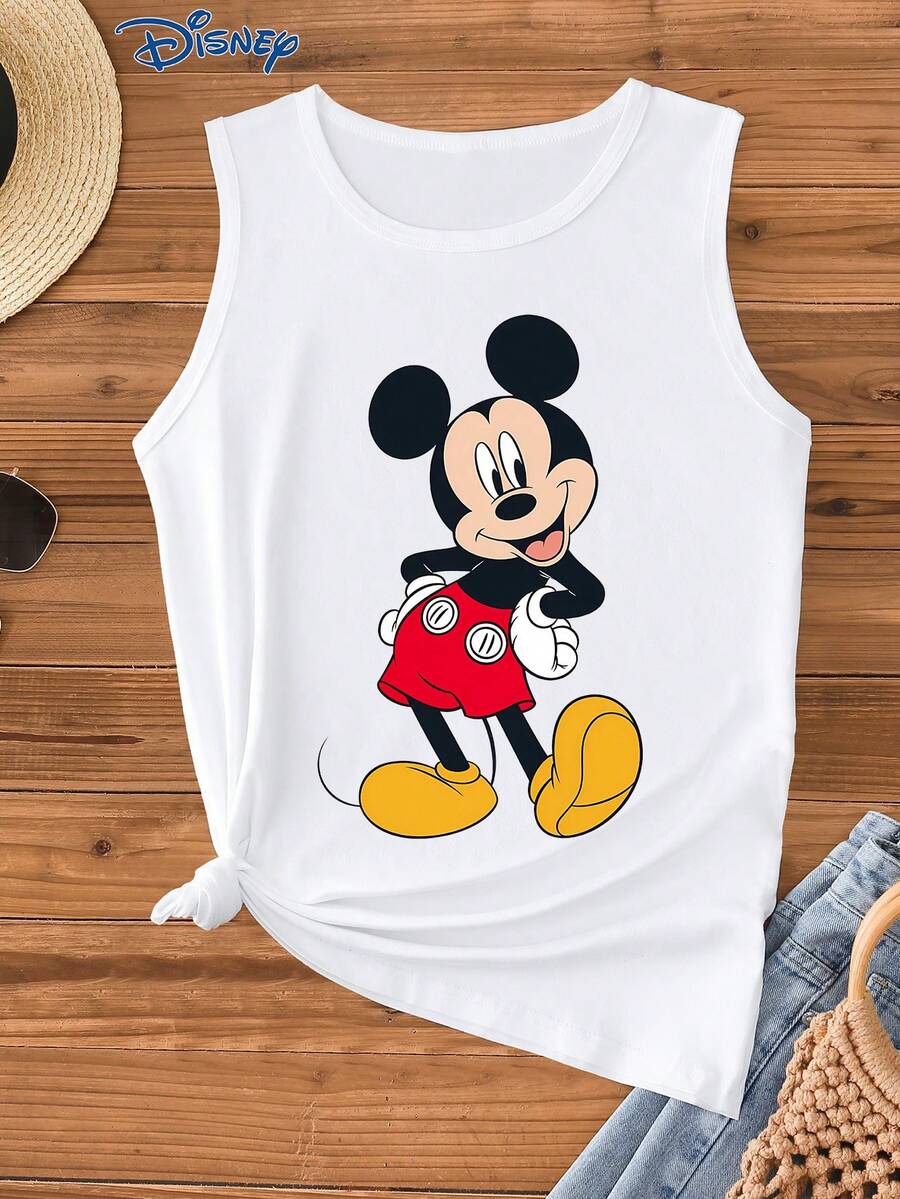 Disney 女士无袖上衣，米奇卡通印花，时尚女士背心，圆领，略带弹性，适合日常穿着，易打理面料，休闲女士吊带衫 - 白色 - 查看 1