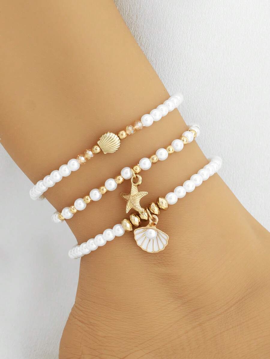 1 Set Of 3 Pcs Summer Fashion Shell Shaped Women Anklet, Faux Pearl & Starfish Decor Elastic Bracelet Jewelry Set - Multicolor - View 1