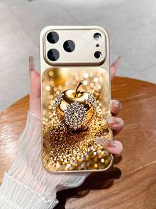 1pc New Luxury Sparkling Crystal Rhinestone Gold Apple Pattern Deluxe Large Window Tempered Glass Camera Lens Protection Phone Case Compatible With IPhone 17/17Pro/17ProMax/17Air/16/16Pro/16ProMax/16Plus/15/15Plus/15Pro/15ProMax/14/14Plus/14Pro/14ProMax/13/13Pro/13ProMax/12/12Pro/12ProMax/11/11ProMax, Matte Anti-Fall, Full Coverage Metal Paint Premium Protection Cover - Multicolor - View 2
