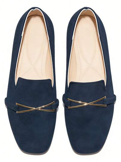 1 đôi giày nữ đế bằng mũi vuông bằng kim loại màu trơn, thời trang, phù hợp cho văn phòng, nhà, phòng tập thể dục, tiệc tùng, đám cưới, kỳ nghỉ, bãi biển, mọi mùa.