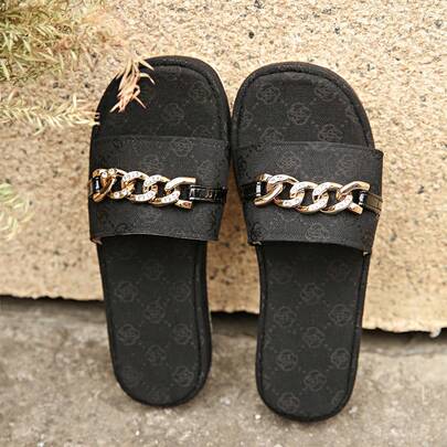 1 đôi dép lê đế bằng bằng vải và dây xích kim loại màu trơn thanh lịch, thích hợp để mang ngoài trời vào mùa xuân và mùa thu.