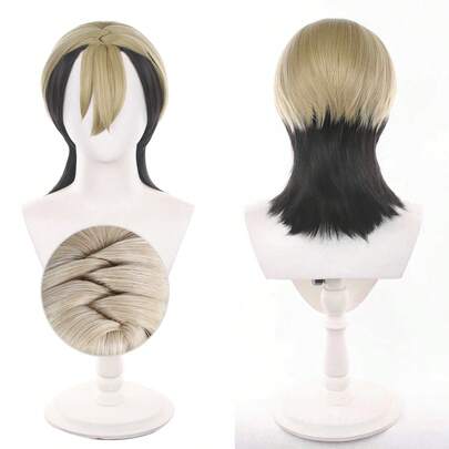 Tóc giả cosplay Gachiakuta Zanka Nijiku ngắn 16 inch màu vàng nhạt và đen pha trộn, chất liệu tổng hợp, chịu nhiệt, thích hợp cho Halloween và các bữa tiệc.