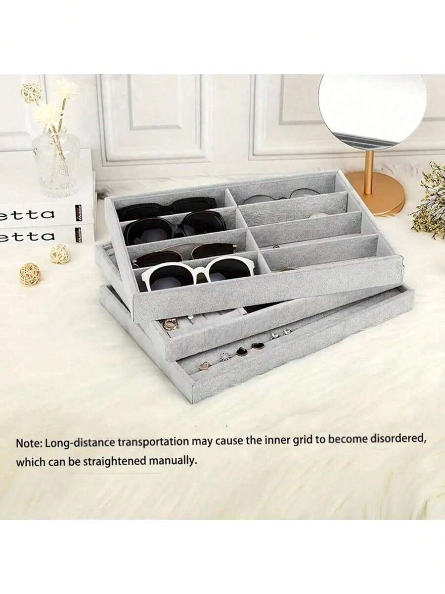 1个奢华灰色天鹅绒8格珠宝、眼镜和手表展示托盘 - 柔软毛毡材质收纳盒，实用女士礼品 - 彩色 - 查看 1
