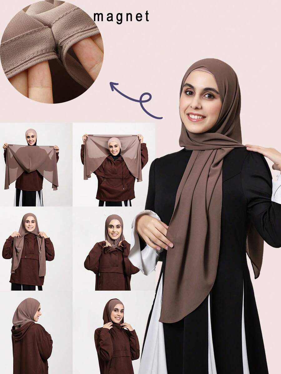 1pc Women's Chiffon Headscarf With Magnetic Clasp, All-In-One Premium Chiffon Hood, Lightweight & Breathable, Suitable For All Seasons - Multicolor - View 1