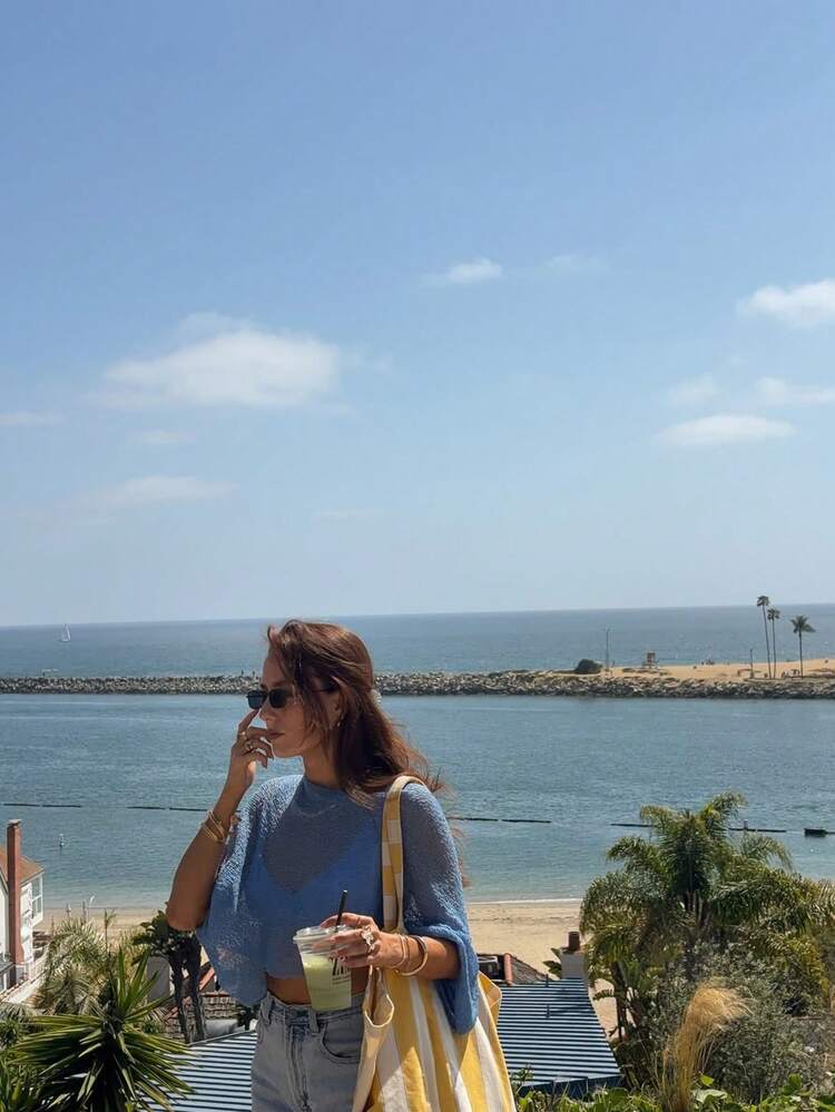 Spring/Summer New Women's Fashion Casual Lightweight Knit Blue Cover Up, Asymmetric Hem Design, Pullover Sleeveless Top, Bohemian Style, Suitable For Beach Vacation, Beach Party, Outdoor Travel, Holiday Date - Navy Blue - View 8