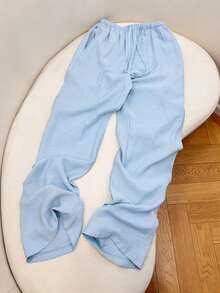 Women's Loose Fit Drawstring Waist Wide Leg Pants, Lightweight Breathable Casual Trousers, Slouchy, Light Blue, Summer Spring - Baby Blue - View 2