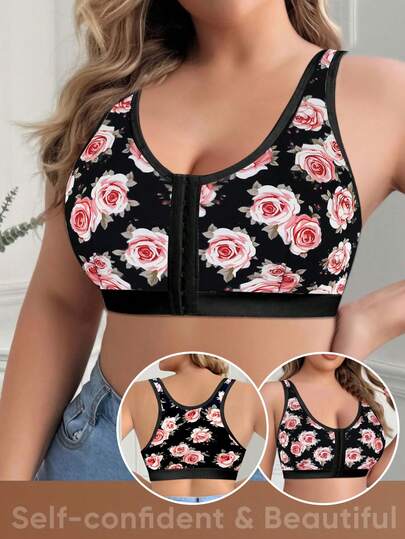 1pc Solid Color Comfortable Minimalist Plus Size Women Floral Print Front Button Bralette - Sporty Knit Fabric Wireless