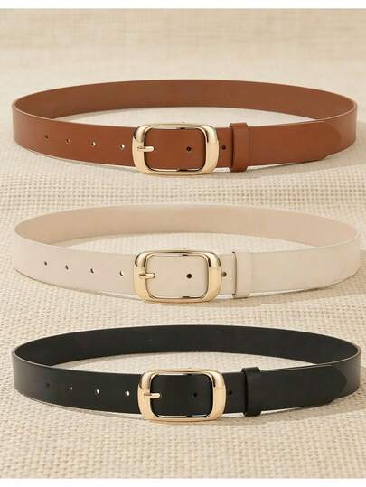3件套白色、黑色、棕色女士长方形金属扣腰带，经典、时尚、简约、休闲风格，适合搭配牛仔裤、休闲裤、短裤和连衣裙，四季皆宜，可休闲、正式场合佩戴，也可作为情人节、圣诞节、感恩节或其他特殊场合的礼物。