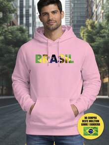 Moletom Brasil Copa do Mundo Verde Amarelo Estampa Moderna Streetwear Casual Moda Jovem Unissex Confortável Para Outono Inverno + Bandeira do Brasil Grátis - ROSA - Visão 1