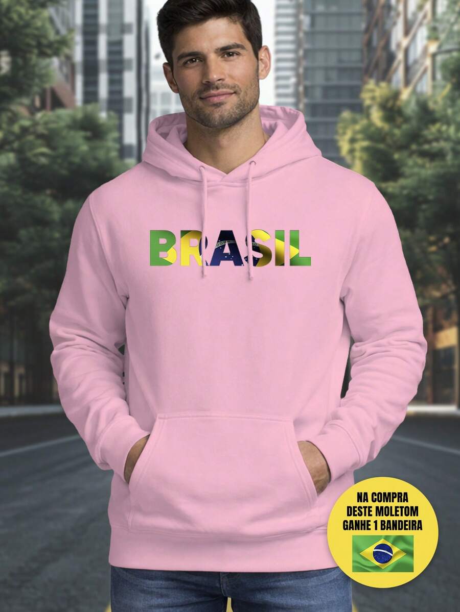 Moletom Brasil Copa do Mundo Verde Amarelo Estampa Moderna Streetwear Casual Moda Jovem Unissex Confortável Para Outono Inverno + Bandeira do Brasil Grátis - ROSA - Visão 1