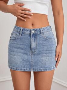 浅蓝色高腰毛边牛仔迷你裙，百搭休闲风，打造显瘦夏日造型 - 藍色 - 查看 2
