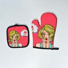 Bộ găng tay lò vi sóng in kỹ thuật số hình nữ đầu bếp, miếng lót dày chịu nhiệt, găng tay nướng và miếng lót nồi chịu nhiệt in hình. - Nhiều màu - Xem 8