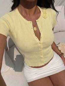 SOOKAUG 夏季休闲百搭圆领短袖T恤，女士纯色修身街头风上衣 - 淡黃色 - 查看 2