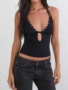 Women Studded Halter Top Sleeveless Open Back V Neck Slim Fit Tank Top Y2k Going Out Tops Club Party Outfits - 黑色 - 查看 3